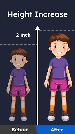 Height increase app showing boy before and after 2 inch growth with workout exercises for kids