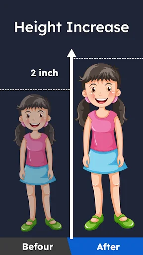 Kids height increase app showing girl before and after 2 inch growth results from exercise program