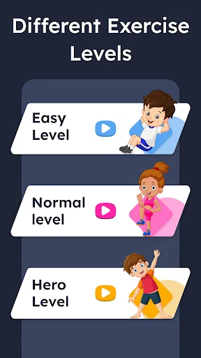 Different exercise levels screen showing easy, normal, and hero workout difficulty options for kids