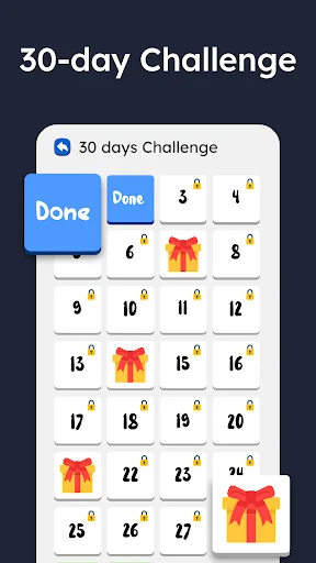 30-day challenge calendar tracker with completed days and reward gifts for kids exercise program
