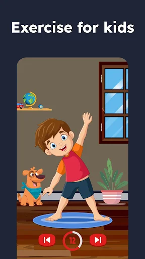 Exercise demonstration screen showing child doing stretching workout at home with timer controls