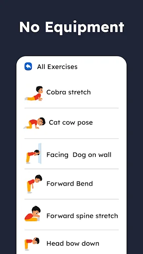 No equipment exercise list showing cobra stretch, cat cow pose, and yoga workouts for kids at home