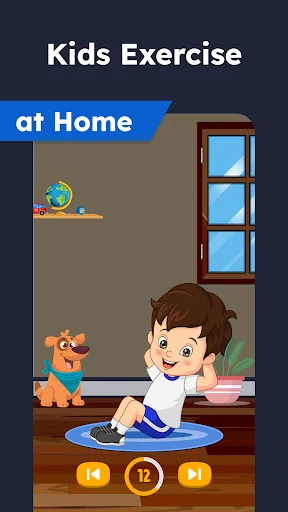 Kids exercise at home screen showing child on mat doing workout with timer and playback controls