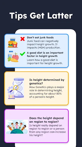 Tips to get taller screen showing nutrition advice, genetics info, and height growth factors for kids