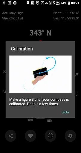 King Compass 2025 calibration screen showing figure-8 motion tutorial with GPS coordinates and accuracy data