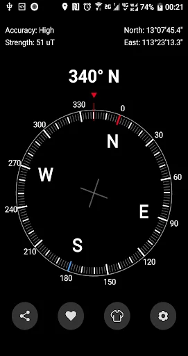 King Compass navigation app displaying black theme with compass rose showing 340°N and GPS location coordinates