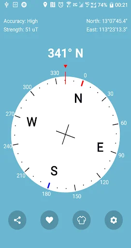 King Compass app with light blue theme showing 341°N bearing and cardinal directions with GPS navigation data