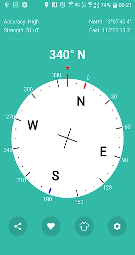 King Compass interface with teal background displaying 340°N direction and compass rose with coordinate information