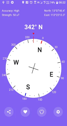 King Compass with purple theme showing 342°N heading and navigation compass with GPS accuracy and coordinates
