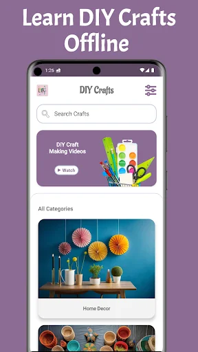 Learn DIY Crafts Offline home screen showing craft categories, search bar, DIY craft making videos section, and Home Decor craft featured with colorful decorative items and materials on display shelf