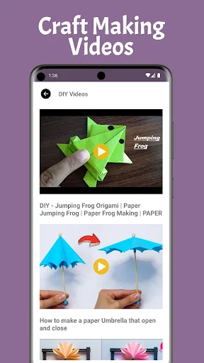 Craft Making Videos screen displaying DIY video tutorials including Jumping Frog Origami and Paper Umbrella projects with thumbnail previews and play button controls for accessing craft instruction videos