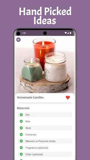 Hand Picked Ideas screen showing Homemade Candles craft project with three colorful candles image, detailed materials list with checkmarks, and favorite button for saving DIY craft ideas