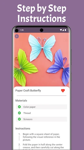 Step by Step Instructions screen for Paper Craft Butterfly project featuring butterfly image, materials checklist including color paper and scissors, numbered instruction steps, and favorite button