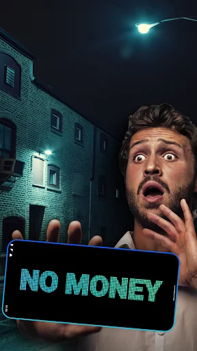 Person displaying NO MONEY message in bright cyan LED banner text on smartphone at night outdoors