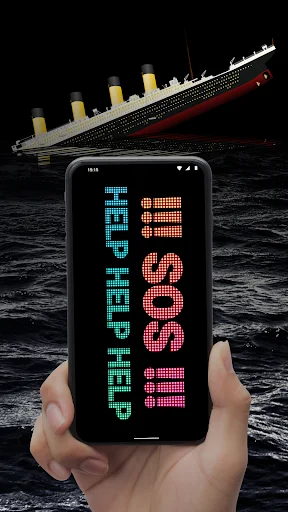 Hand holding phone displaying LED banner scrolling text in colorful dots with SOS message