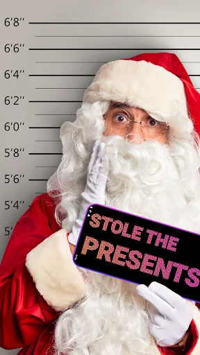Person holding phone with LED banner displaying STOLE THE PRESENTS message in scrolling red text
