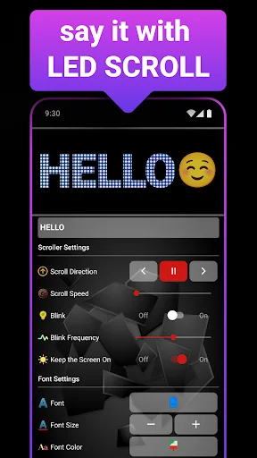 LED Scroller app main interface with HELLO preview, scroll direction and speed controls, blink effects, and font customization