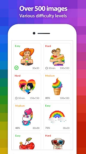 Over 500 LGBT color by number images with Easy, Medium, and Hard difficulty levels displayed in grid gallery