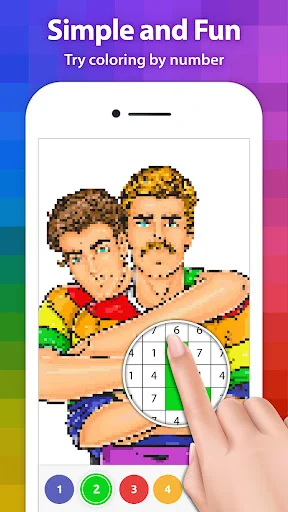 Interactive color-by-number painting interface featuring two men with circular color wheel selector and numbered color buttons