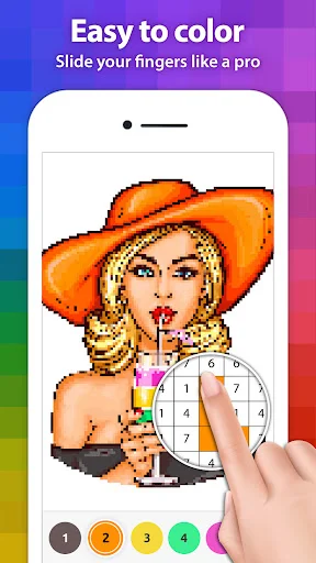 Pixel art coloring game with woman in cowboy hat using sliding finger control on color wheel to paint by assigned numbers