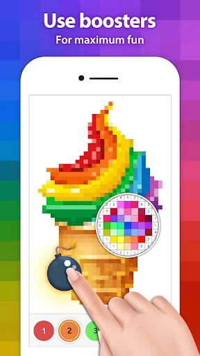 Rainbow ice cream cone color-by-number artwork with color palette booster tool and numbered selection buttons at bottom
