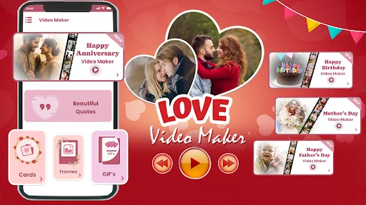 Love Video Maker home screen showing photo templates for Anniversary, Birthday, Mother's Day with Cards, Frames, and GIFs creation options