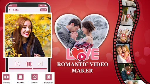 Romantic video editor with music player controls, heart-shaped couple photo frame, and film strip displaying multiple romantic couple images