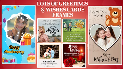 Greeting cards and wishes templates collection featuring Anniversary, Birthday, Mother's Day designs with customizable decorative frames