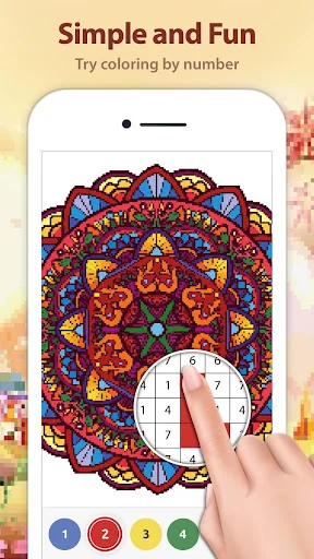 Mandala coloring app interface with color by number feature showing hand selecting numbered pixels on mandala design