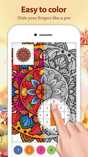 Mandala coloring book app showing split view of completed and uncolored mandala with color by number interface