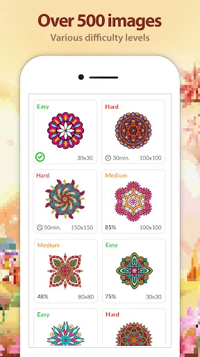Gallery of 500+ mandala designs with easy, medium, and hard difficulty levels showing pixel dimensions