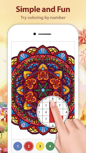 Colorful mandala with color-by-number feature and numbered palette buttons for stress-free coloring