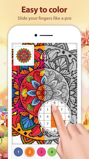 Split-screen mandala coloring showing completed design and blank outline with color-by-number guide
