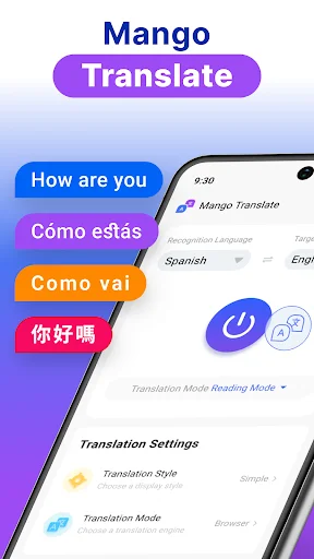 Mango Translate app main screen showing multilingual greetings and translation settings with language selection options