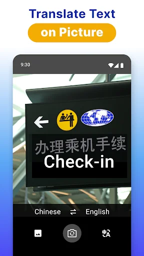 Photo translation camera mode detecting Chinese text on Check-in sign with language selection and capture controls