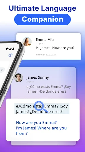 Chat translation feature displaying conversation between Emma and James with real-time Spanish to English message translation