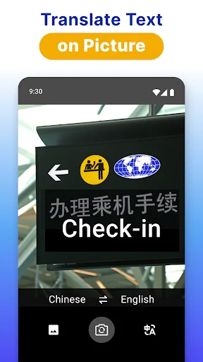 Camera translation feature scanning Chinese Check-in sign with real-time picture text translation to English