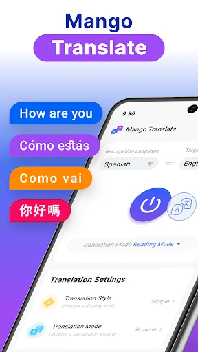 Mango Translate home screen featuring translation settings, language selector, and multilingual phrase examples interface