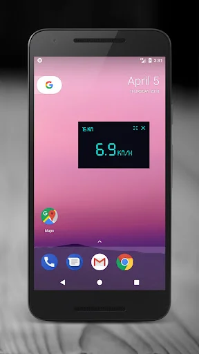 GPS Speedometer widget on Android home screen showing 6.9 km/h in compact cyan display mode