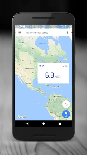 GPS Speedometer overlay on Google Maps showing 6.9 km/h with North America map view and location tracking