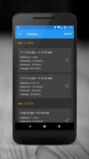 Trip History screen showing multiple journey records with distance, maximum, minimum and average speed statistics