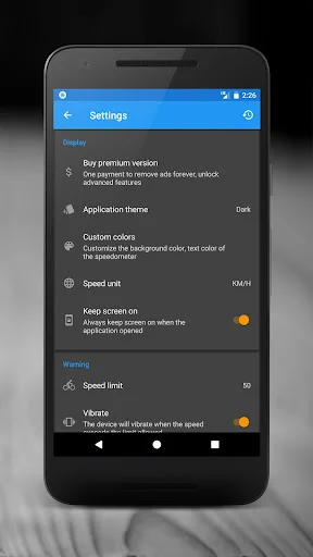 Settings menu displaying speedometer customization options including theme, colors, units, and alert preferences