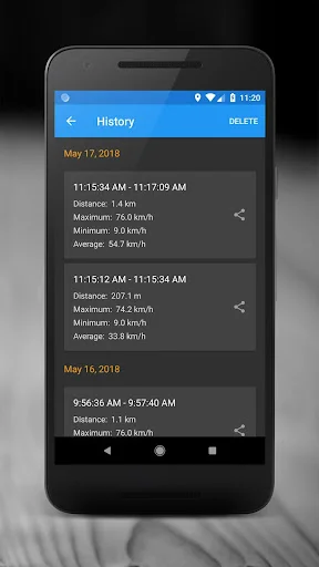 Trip History screen showing multiple journey records with distance, maximum, minimum and average speed statistics