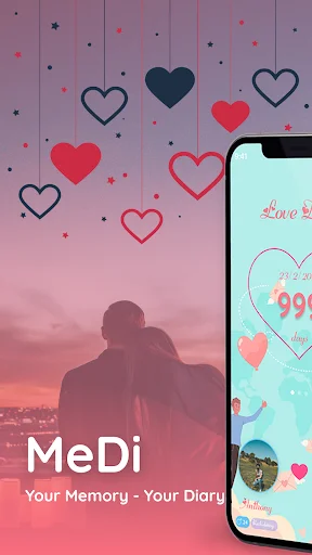 MeLove app welcome screen showing romantic sunset couple silhouette, decorative hearts, and smartphone preview of the love memory diary interface