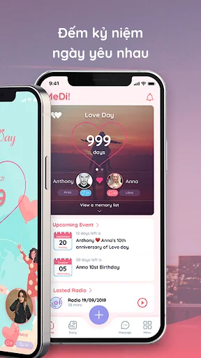 Love Day counter displaying 999 days together with couple profiles, upcoming anniversary events, and shared memory list in one interface