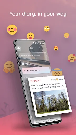Diary feature with emoji reactions to entries, photo attachments, text notes, and emotion tracking for personal relationship memories