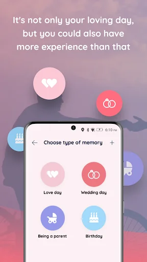 Memory type selection screen offering Love day, Wedding day, Being a parent, and Birthday options to track different relationship milestones