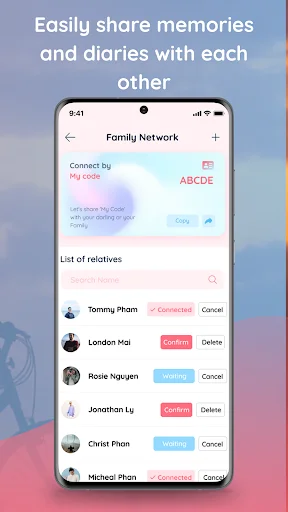 Family Network sharing feature with join code ABCDE for inviting relatives to share memories, showing pending and confirmed member list