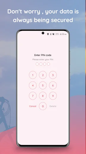 Security PIN code entry screen with numeric keypad protecting user memories and personal relationship data with privacy protection