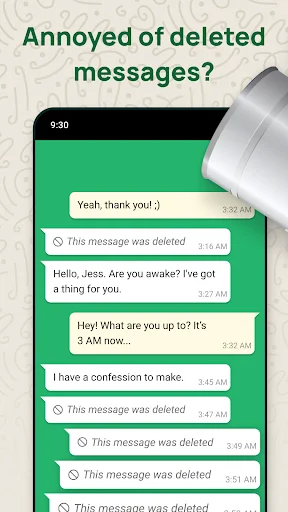 Recover Deleted Messages App showing chat conversation with multiple deleted message notifications recovery feature